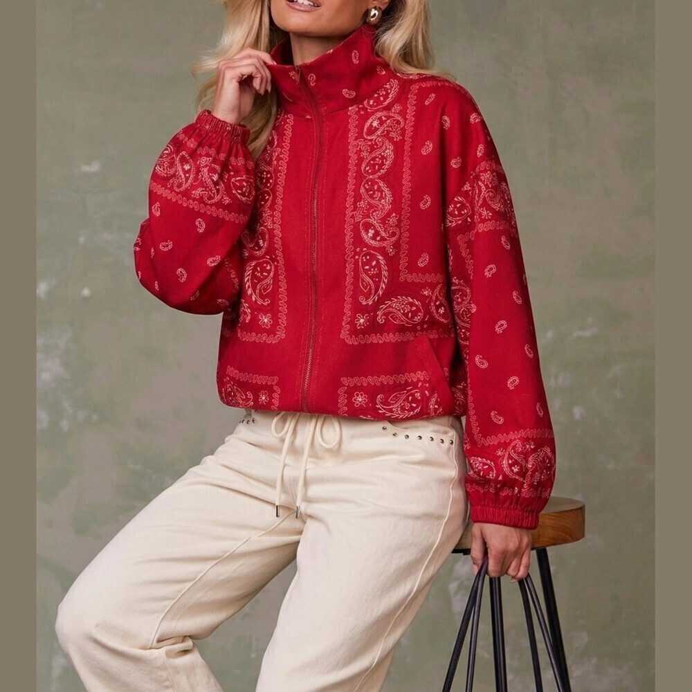Red Bandana Paisley Print Funnel Neck Zip Front Cropped Jacket